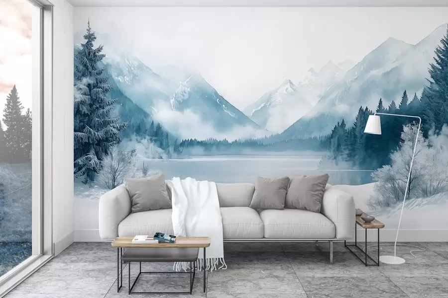Fototapet Zimní hory, zamrzlé jezero, borový les, modrá paleta barev, akvarelový styl w02354
