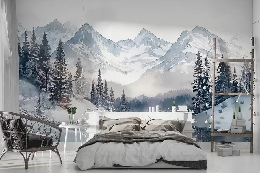 Fototapet Hory s jezerem, zima, les, západ slunce, obloha, příroda w02357