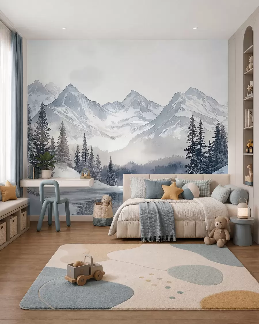Fototapet Zasněžené štíty za jezerem w02357