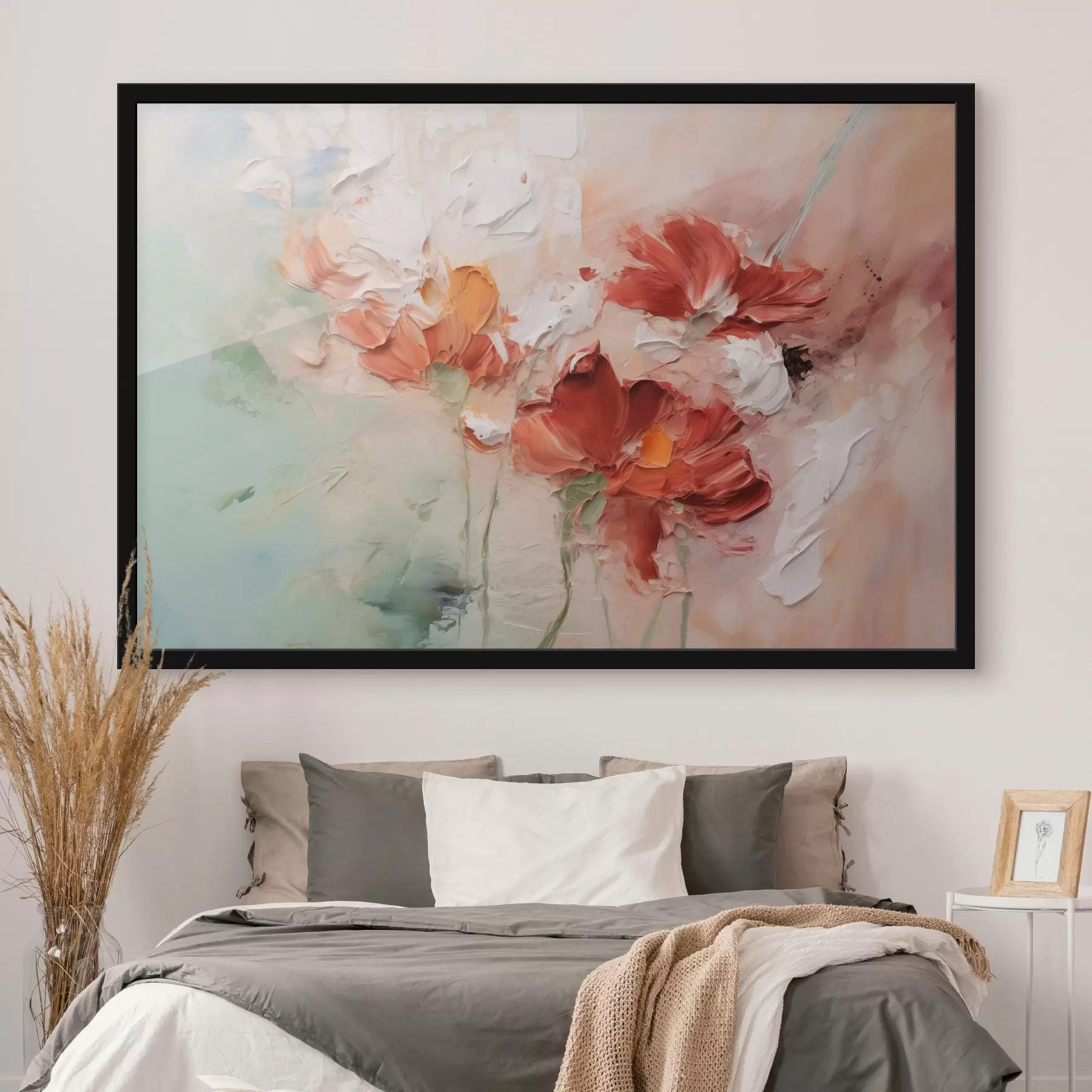 Fototapet Abstraktní kompozice květin, imitace tahu štětcem, zelené, červené odstíny f41852