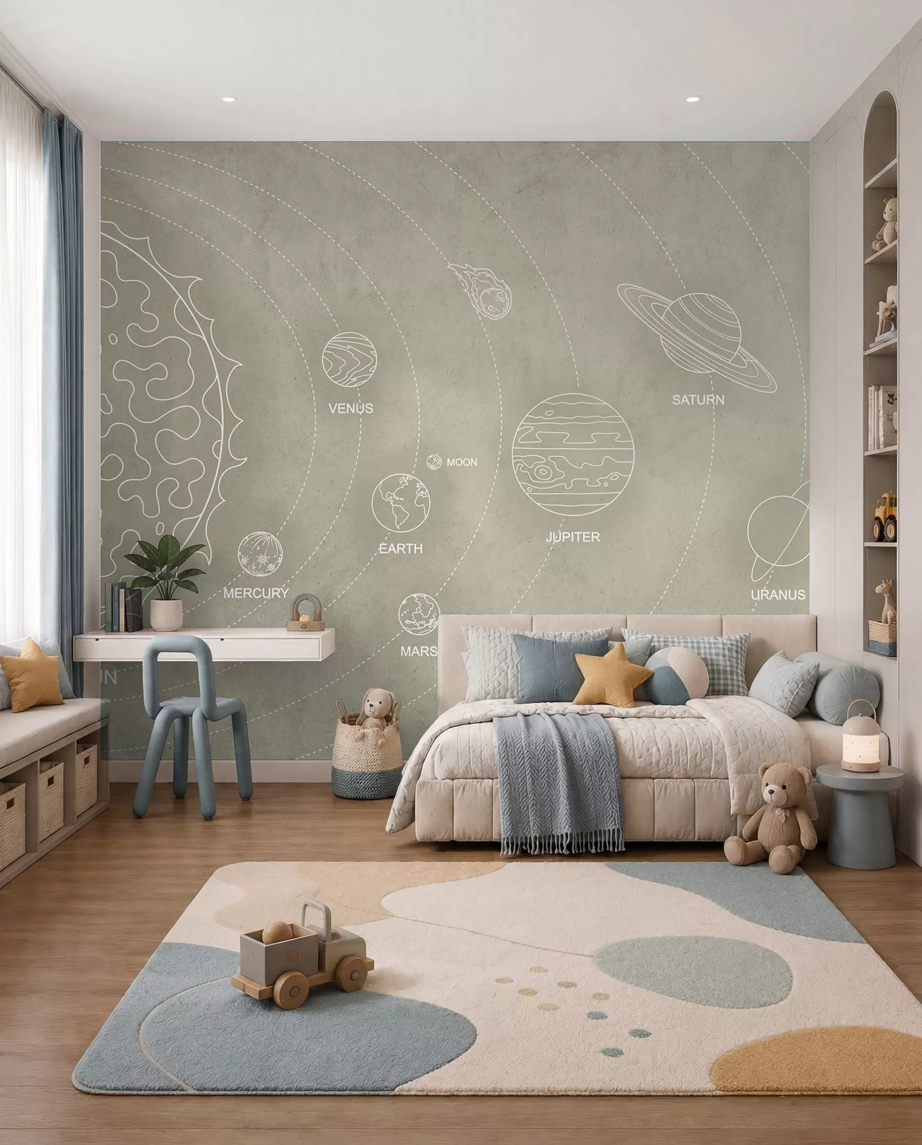 Fototapet Sluneční soustava v minimalistickém stylu na chladném béžovém texturovaném pozadí w02344