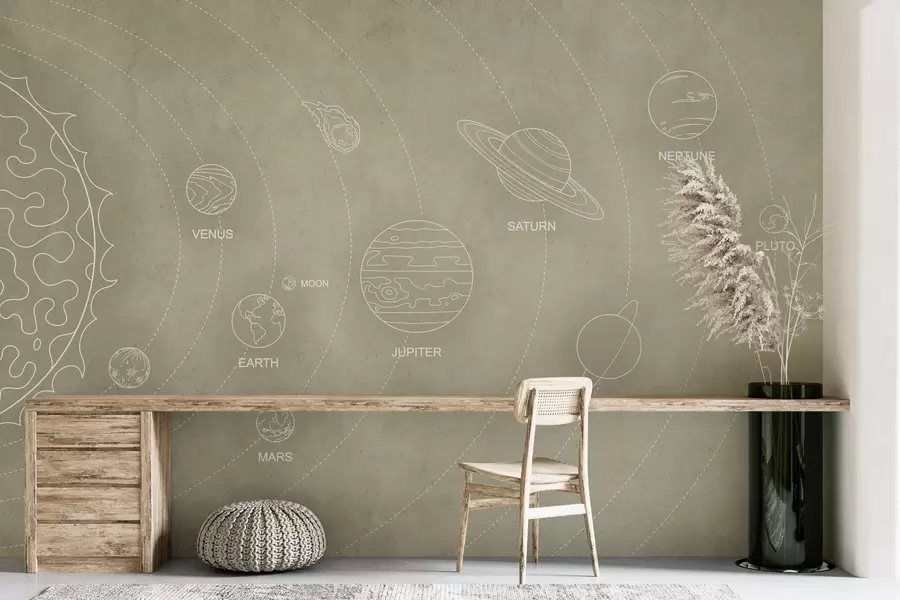 Fototapet Sluneční soustava v minimalistickém stylu na chladném béžovém texturovaném pozadí w02344