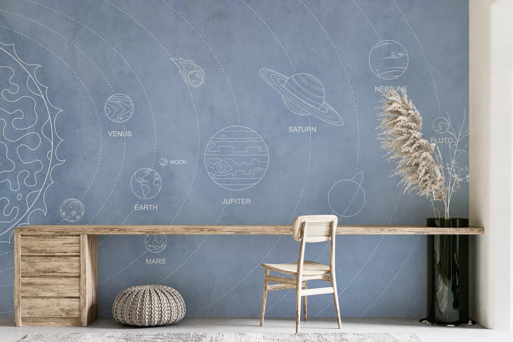 Fototapet Sluneční soustava v minimalistickém stylu na modrém texturovaném pozadí w02344v1