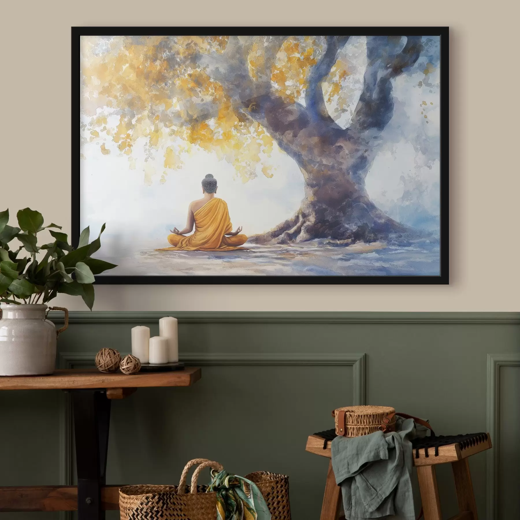 Fototapet Meditace pod stromem, Buddha, akvarel, žlutá a modrá barva f41888