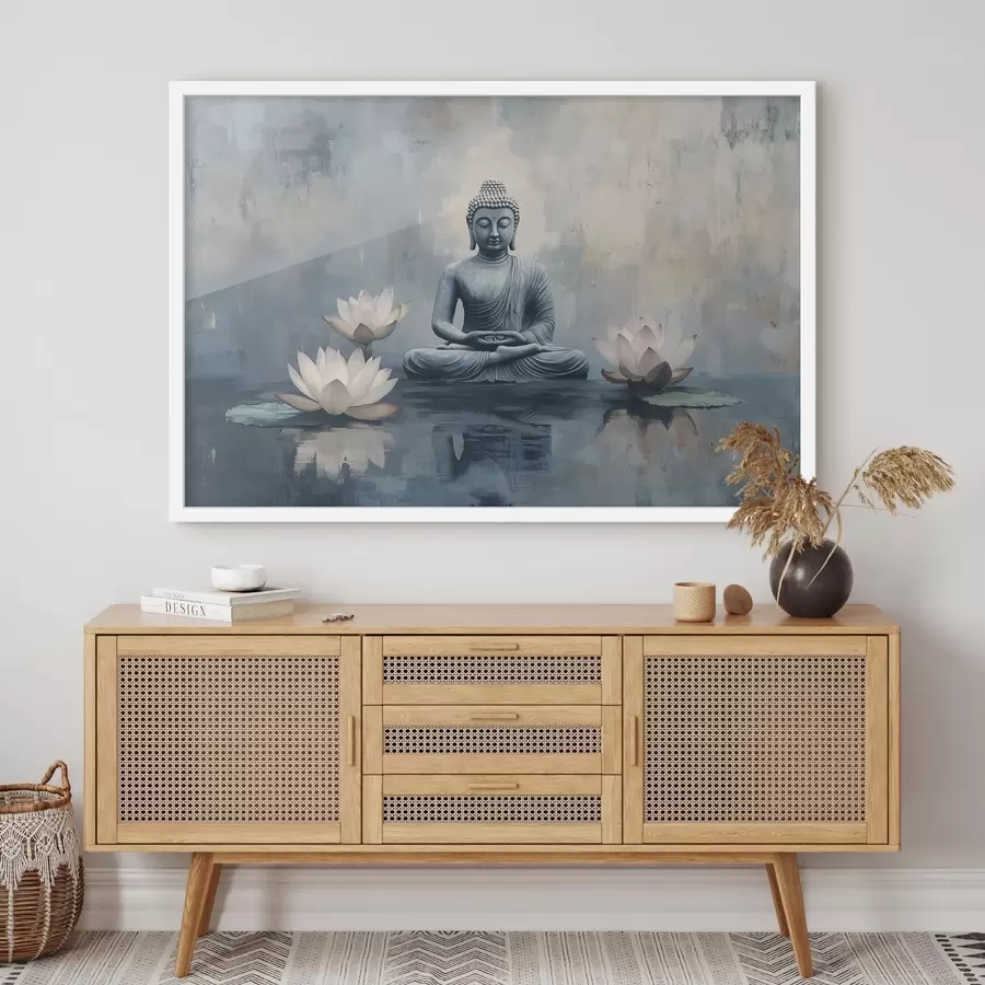 Fototapet Meditující Buddha v jezeře s lotosy, orientální, akrylový styl f41891