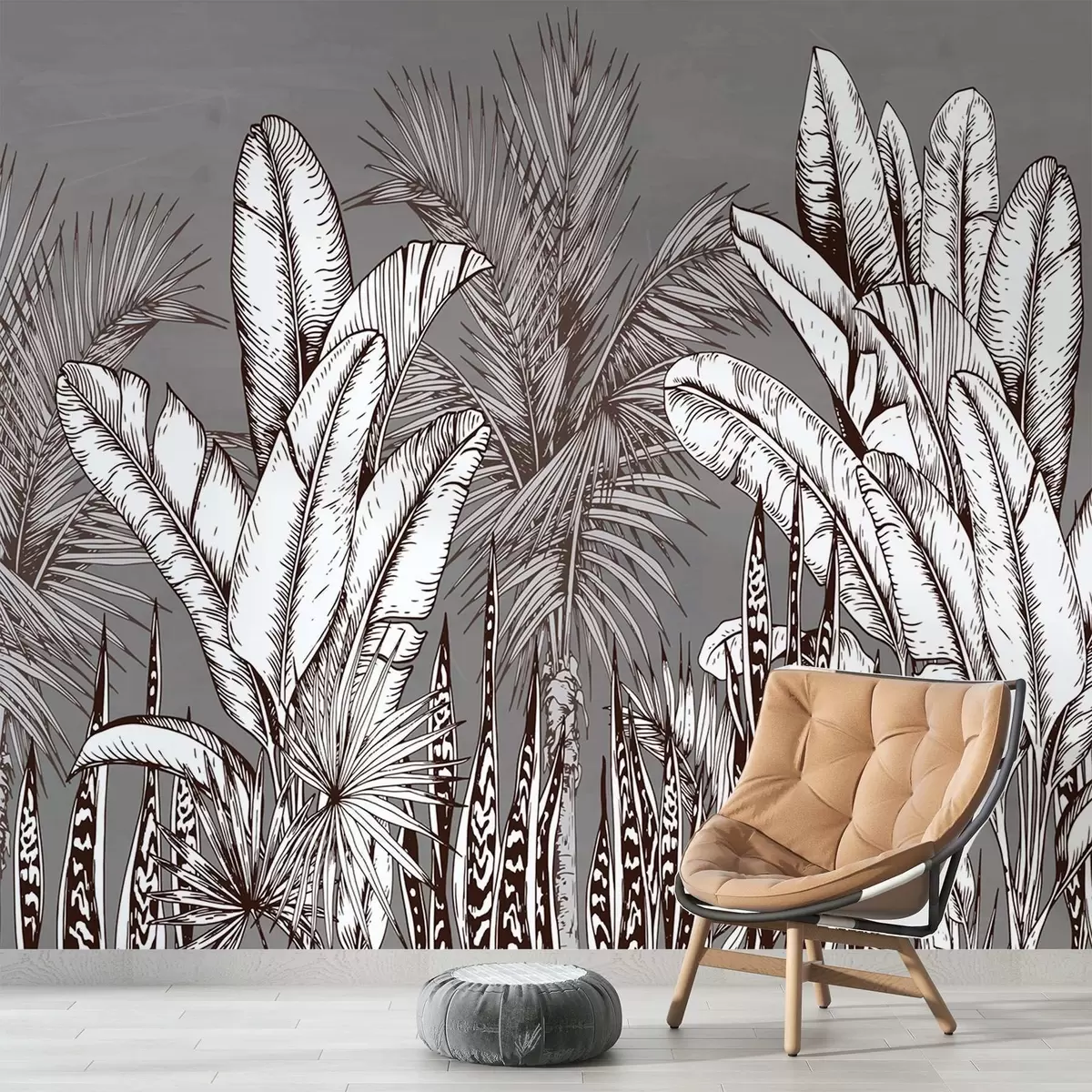 Fototapet Vzor s tropickými listy na šedém pozadí w02299