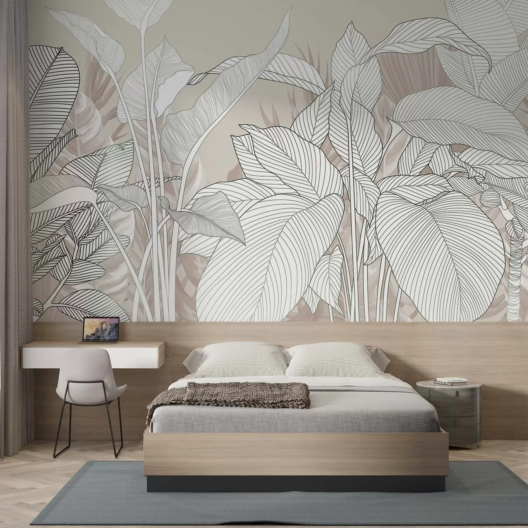 Fototapet Jednobarevná ilustrace s velkými stylizovanými listy a listím se složitými liniemi a texturami w08436v1