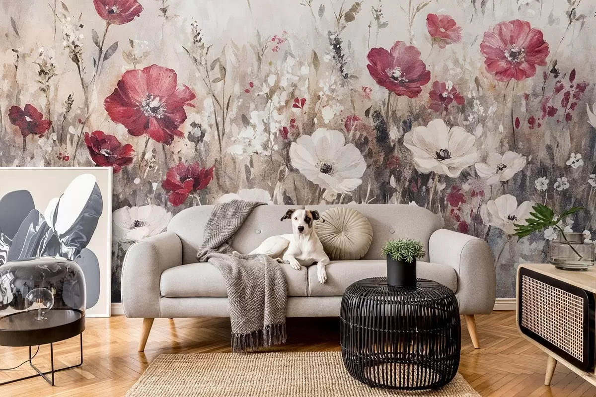 Fototapet Pole zářivě červených a bílých květů na měkkém, zamlženém pozadí ve stylu olejomalby w08438