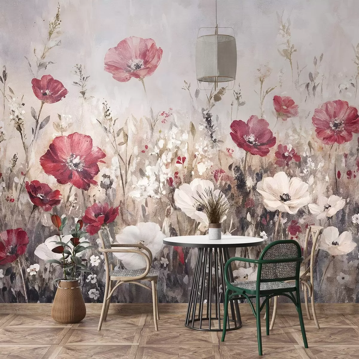 Fototapet Pole zářivě červených a bílých květů na měkkém, zamlženém pozadí ve stylu olejomalby w08438