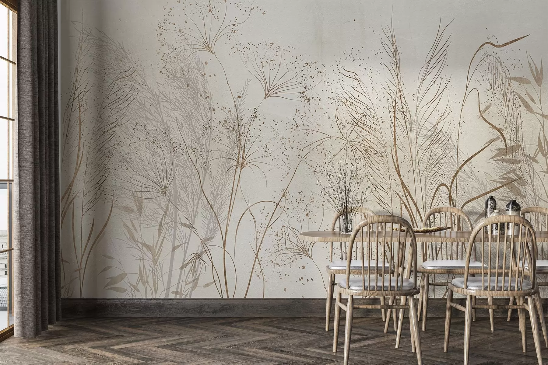 Fototapet Jednobarevná ilustrace různých béžových rostlin a klásků s jemnými, moudrými liniemi a texturami  w08441