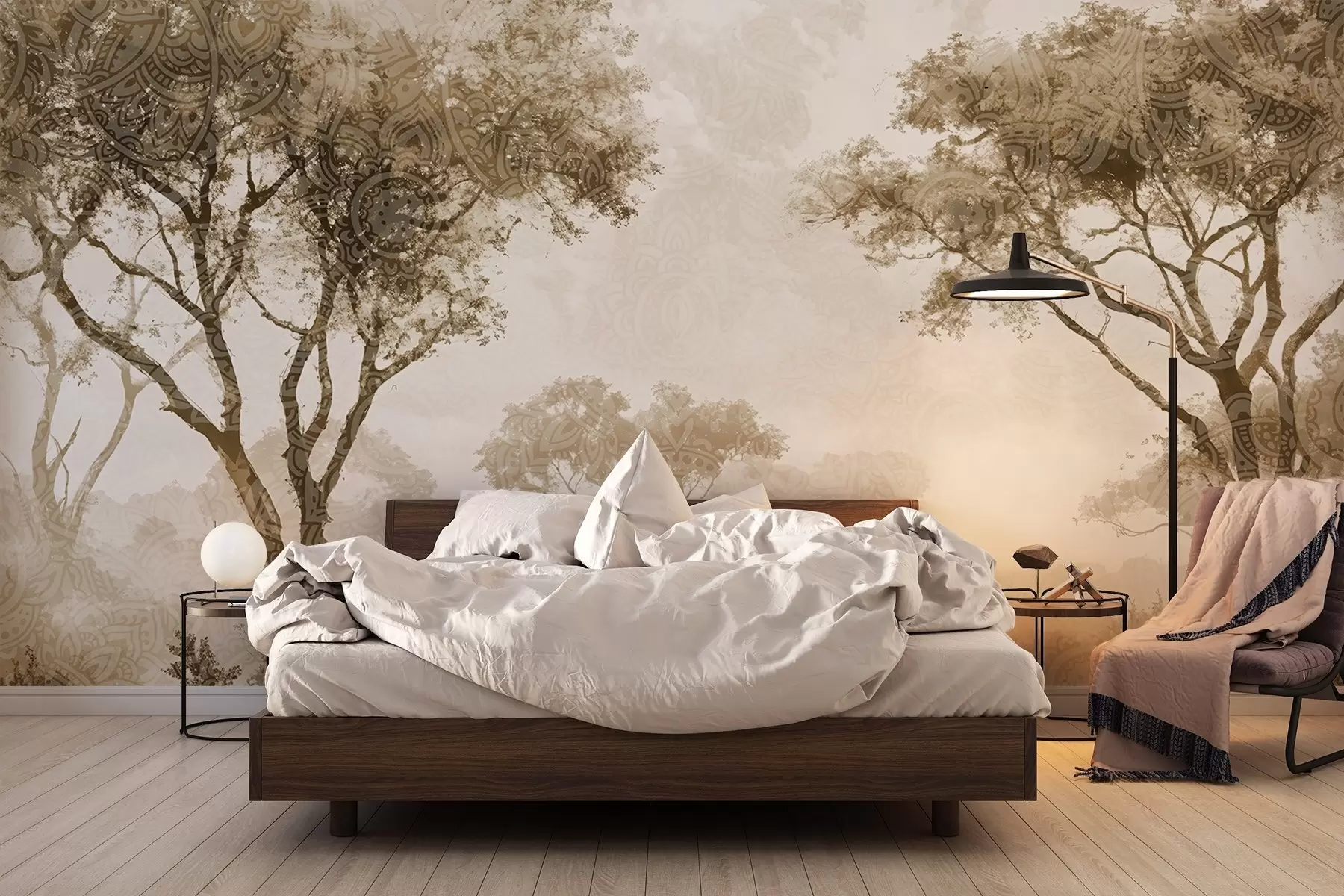 Fototapet Mlhavá, klidná krajina se siluetami stromů v popředí s jemnou mlhou v odstínech hnědé a béžové w08442v2