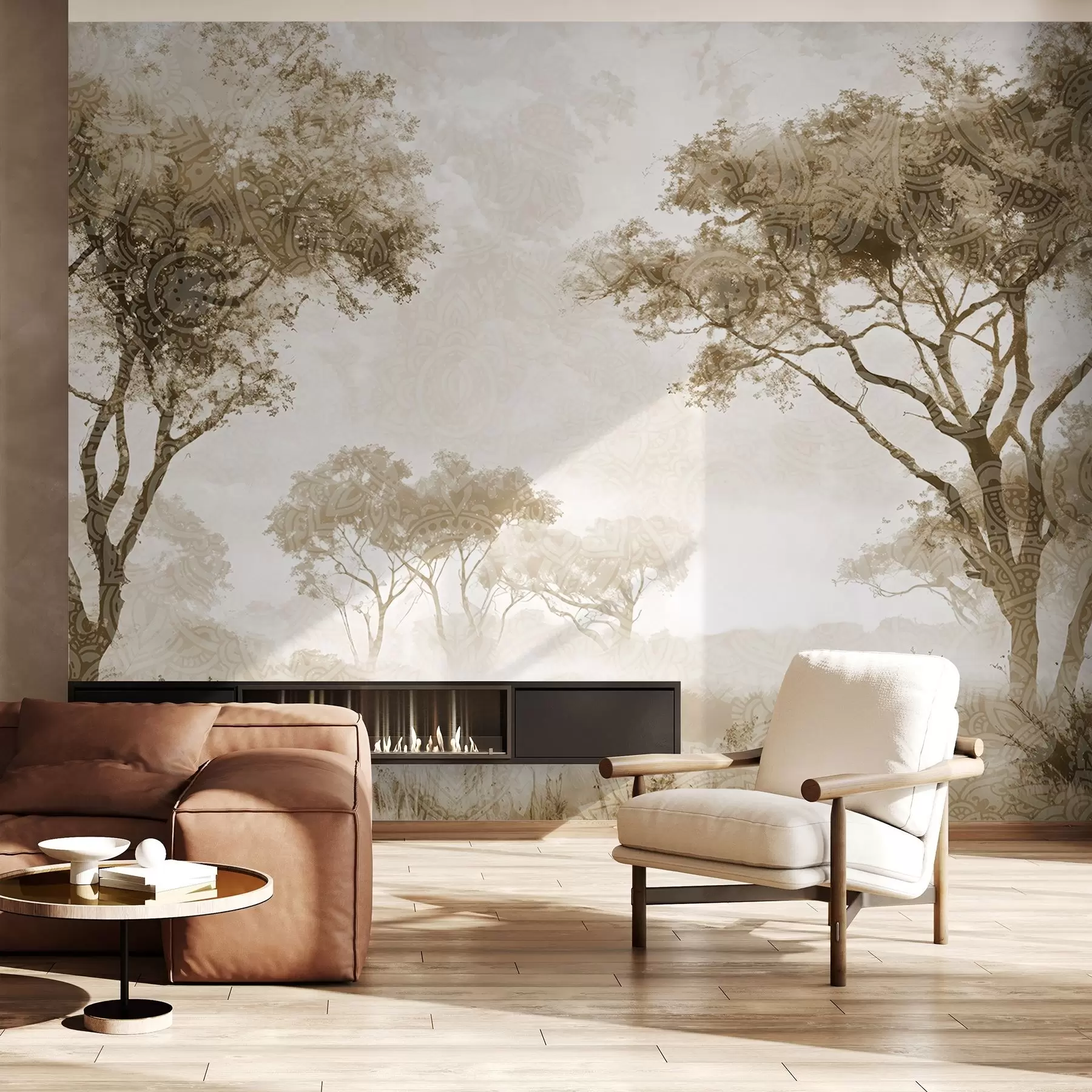 Fototapet Mlhavá, klidná krajina se siluetami stromů v popředí s jemnou mlhou v odstínech hnědé a béžové w08442v2