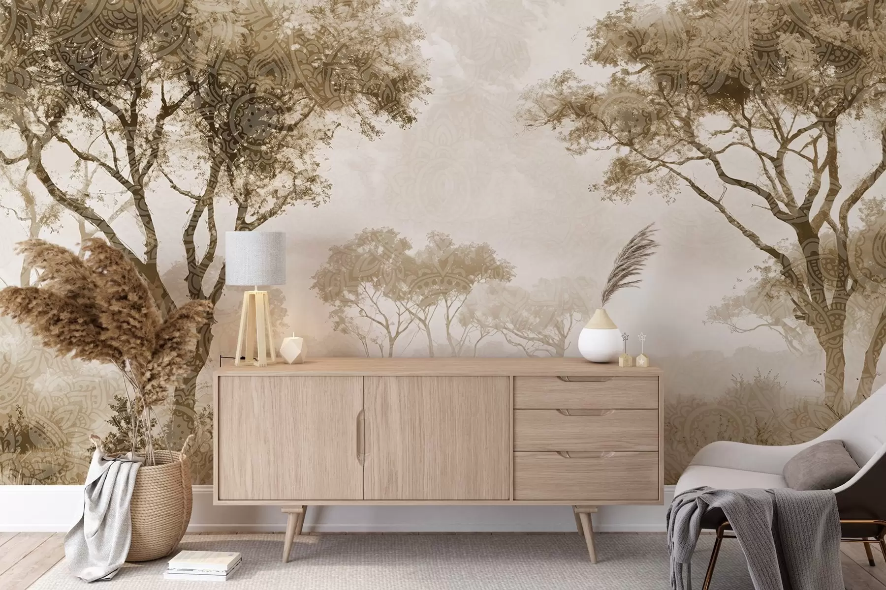 Fototapet Mlhavá, klidná krajina se siluetami stromů v popředí s jemnou mlhou v odstínech hnědé a béžové w08442v2