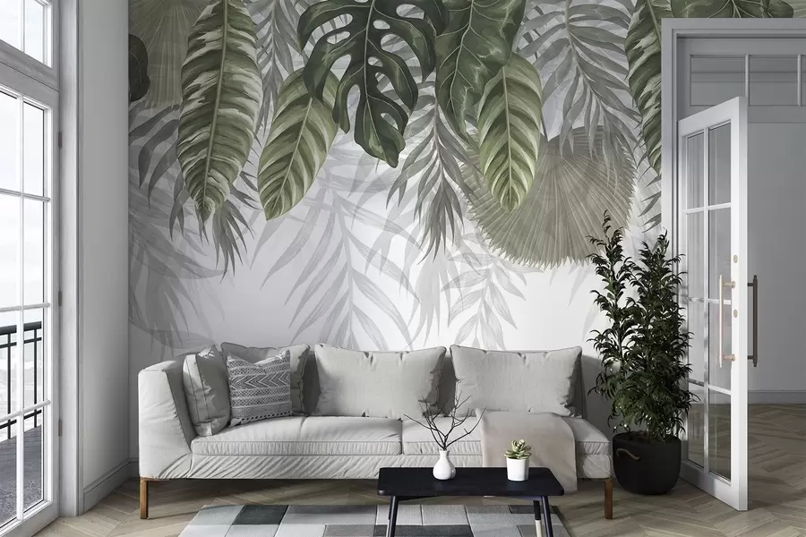 Fototapet Tropické listy v odstínech zelené včetně velkých listů monstery a palmových listů na bílém pozadí w08443