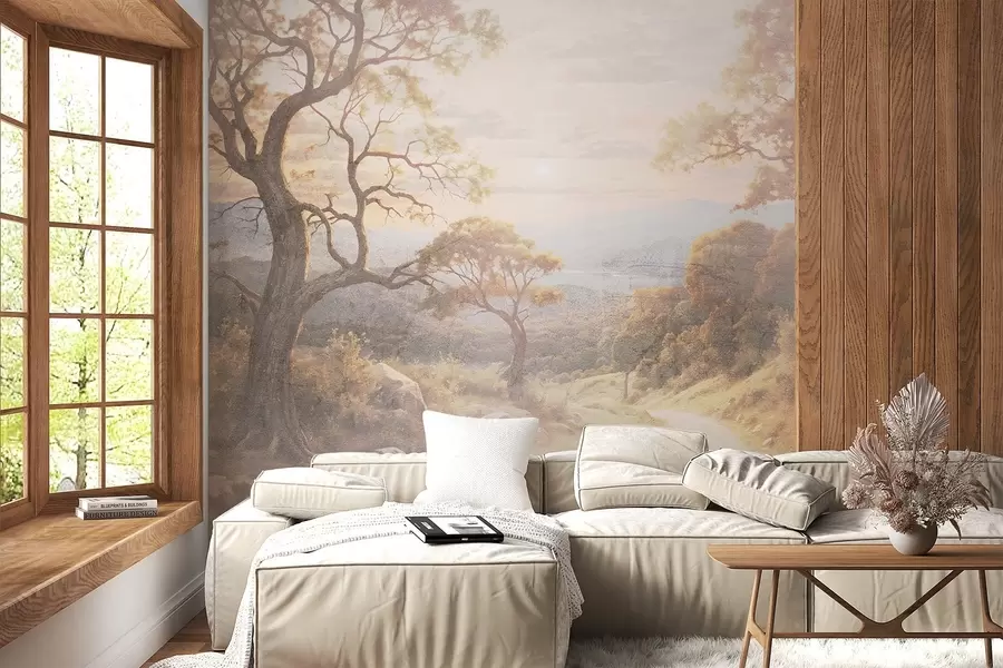 Fototapet Klikatá polní cesta bujným podzimním lesem s vysokými pokroucenými stromy a hřejivým slunečním světlem w08446