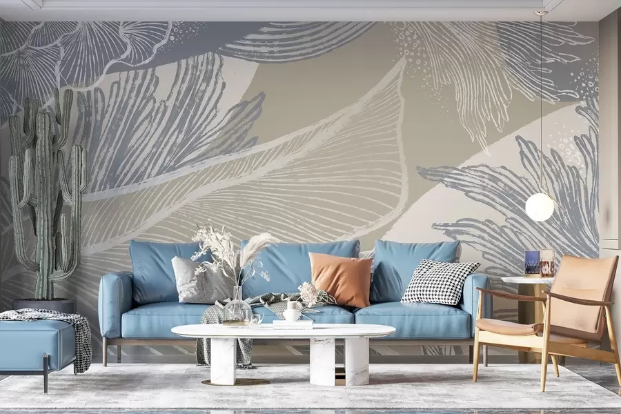 Fototapet Pastelově modrý a bílý abstraktní tisk s organickými tvary a liniemi v tlumené barevné paletě w08450