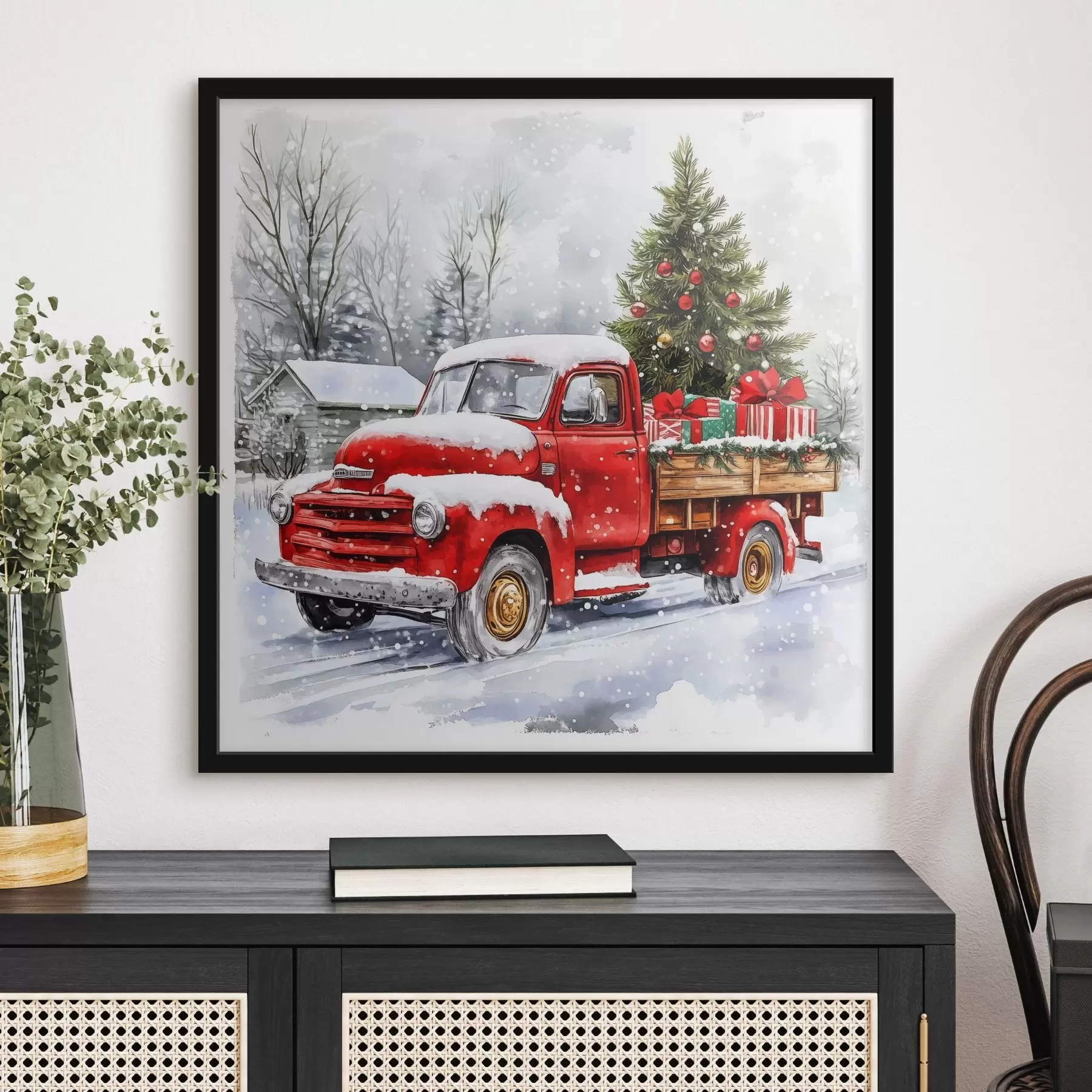 Obraz Vánoční auto se stromečkem a dárky v zasněženém počasí Č. f41968