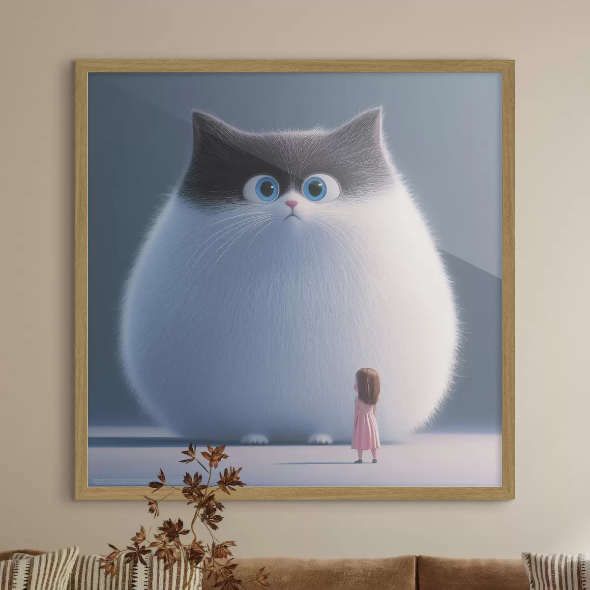 Poster Překvapená huňatá kočka s dívkou ve stylu ilustrace f41974