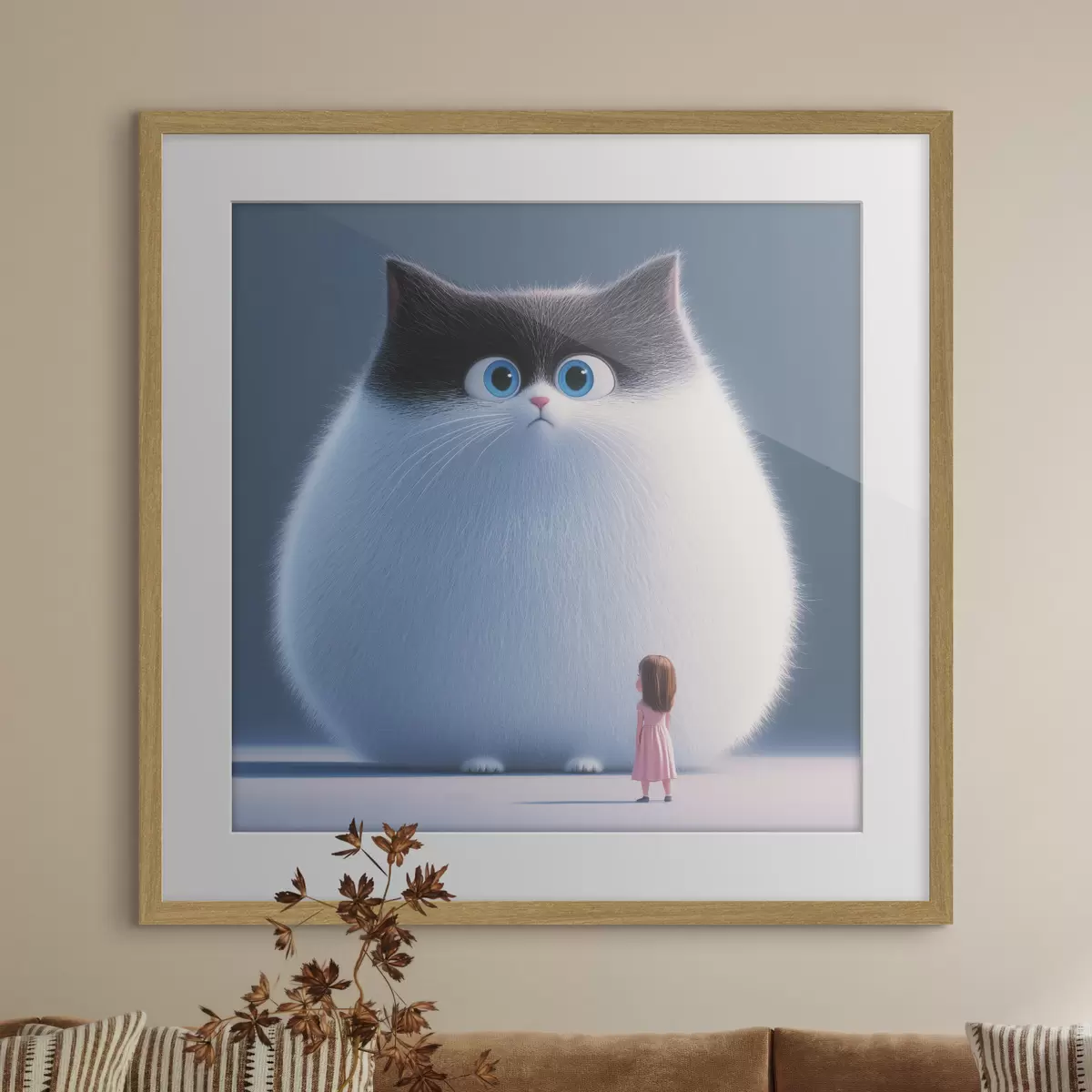 Poster Překvapená huňatá kočka s dívkou ve stylu ilustrace f41974