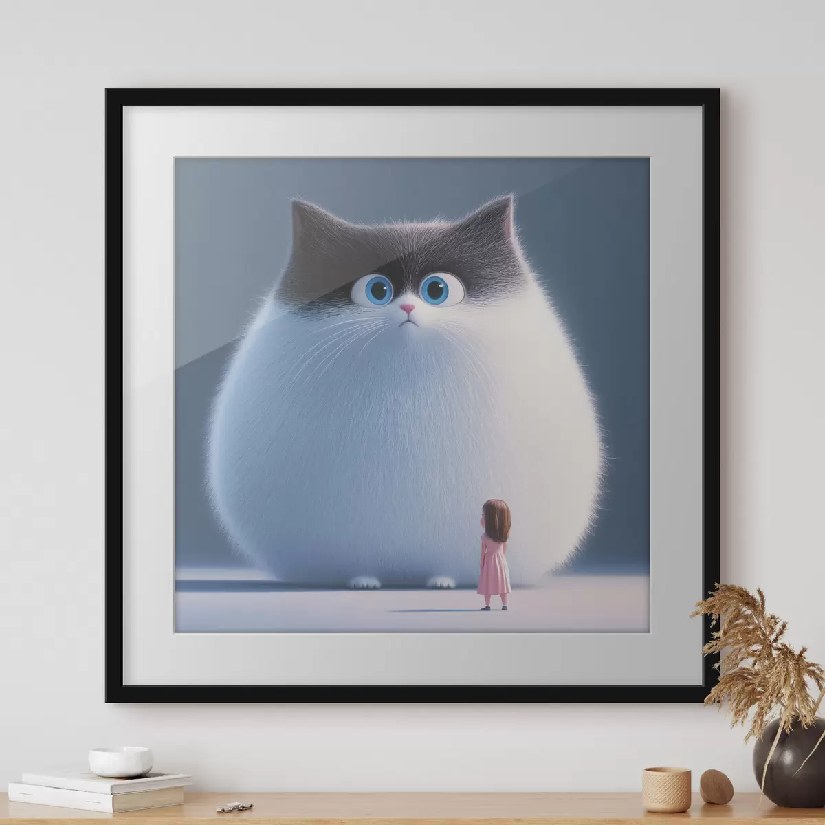 Poster Překvapená huňatá kočka s dívkou ve stylu ilustrace f41974