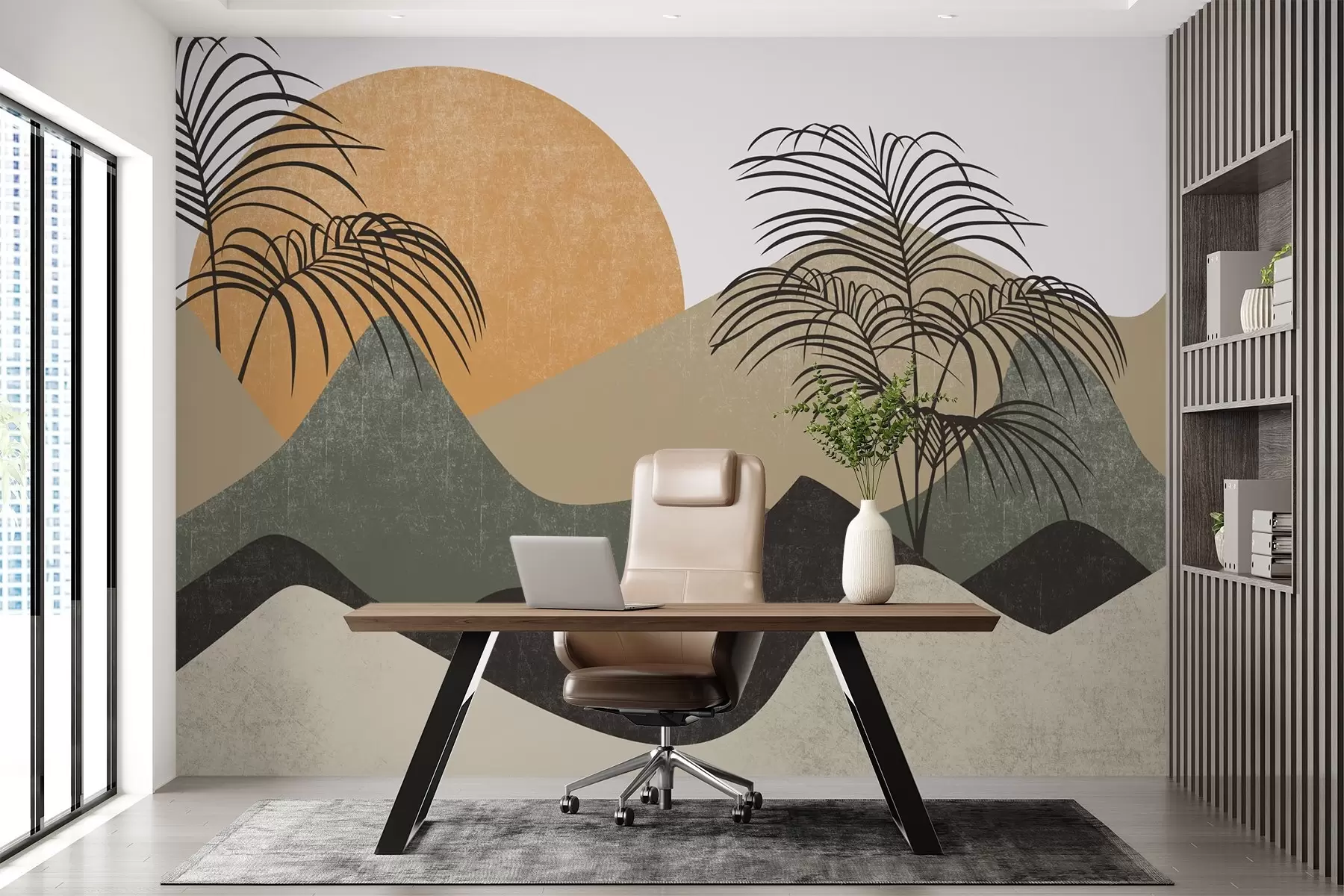 Fototapet Horská abstraktní texturovaná krajina s palmami, béžová, zelená, žlutá barva w02429