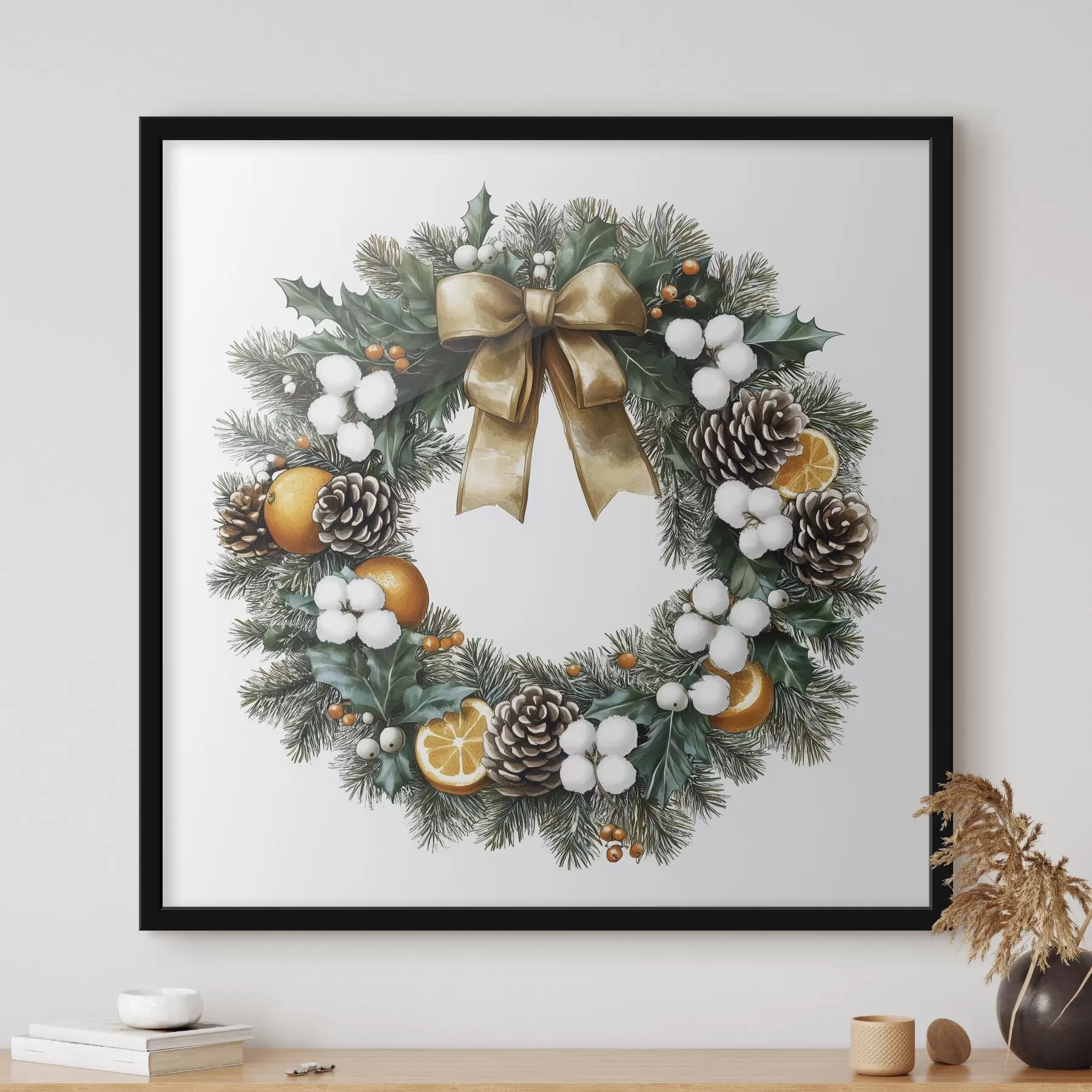 Fototapet Vánoční borovicový věnec s mašlí, bavlnou, pomeranči, bobulemi a šiškami f41962