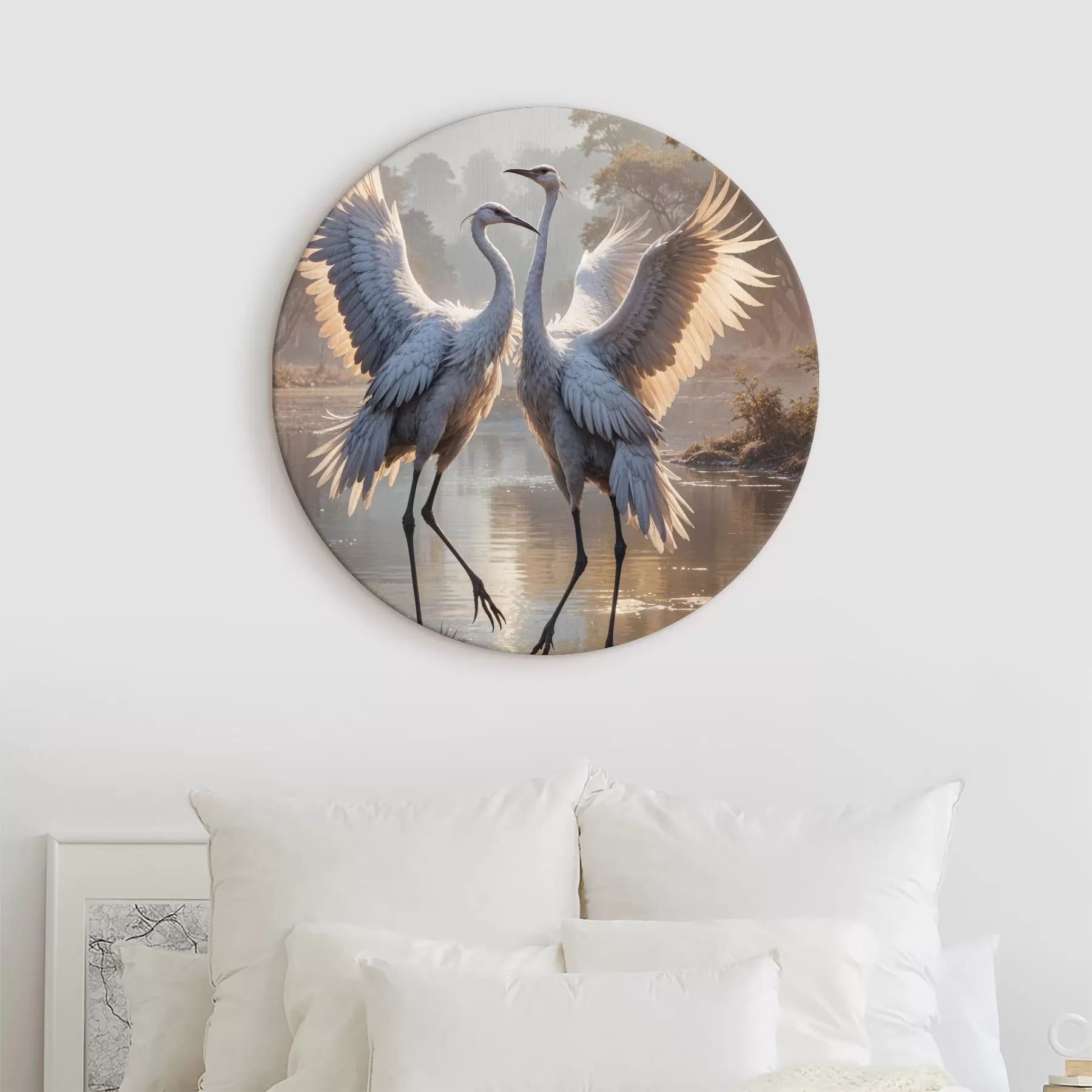 Obraz Dva velcí šedý jeřábi s dlouhými krky a křídly stojící v mlžném jezeře obklopeném stromy Č. r40404