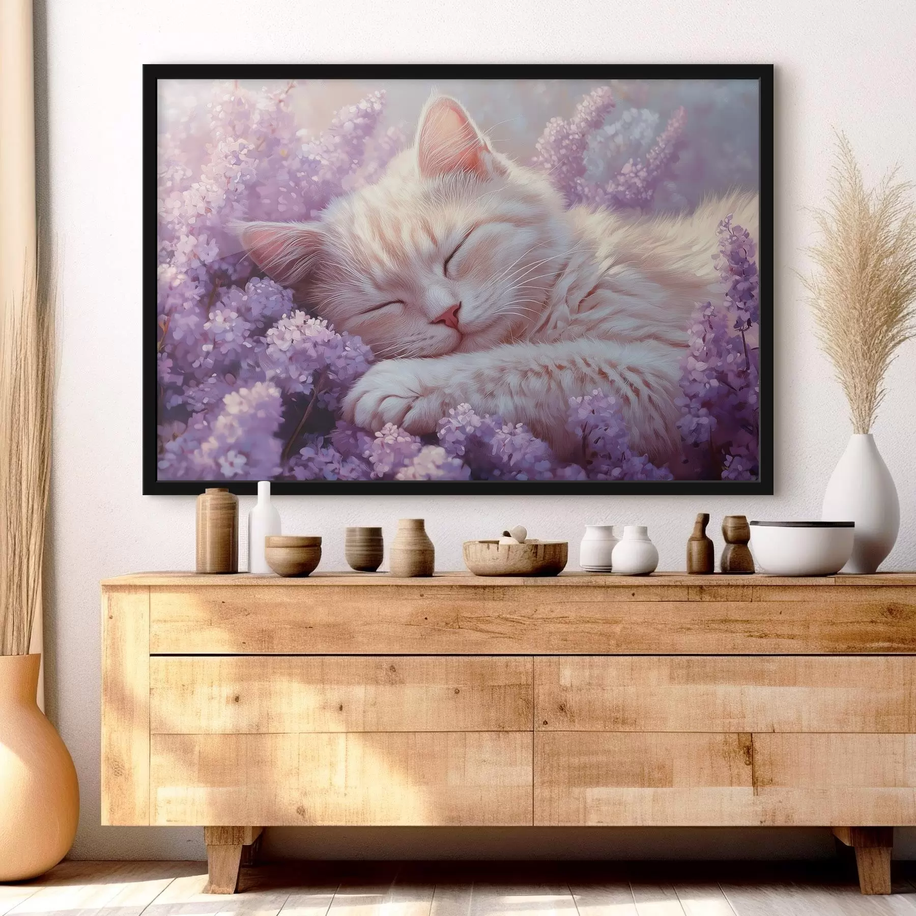 Obraz kočka ležící na fialových květech Č. f42012