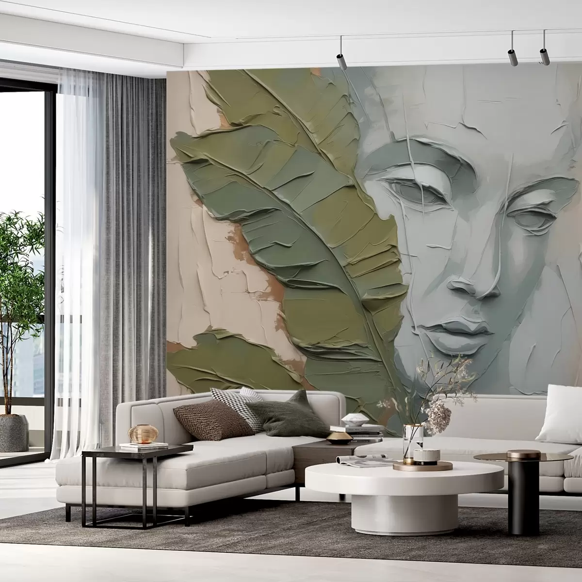 Fototapet Tvář v blízkosti tropických listů imitující tahy a texturu barvy w02436