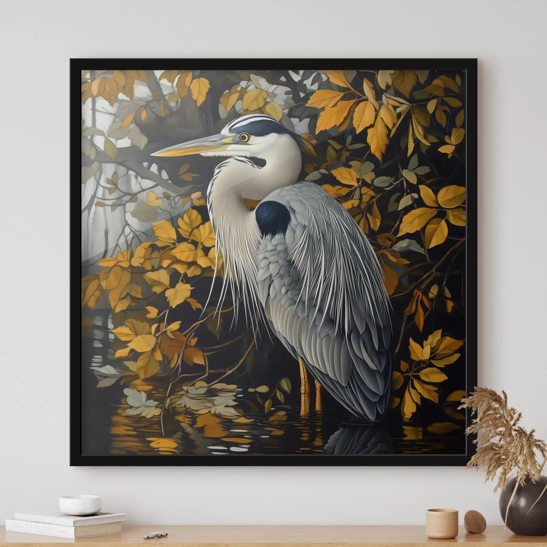 Obraz Volavka ve vodě na pozadí podzimního listí Č. f42041