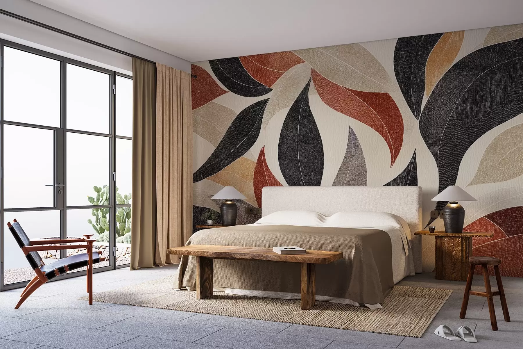 Fototapet abstraktní listy v paletě zemitých tónů - béžové, terakotové a tmavě šedé. w02452