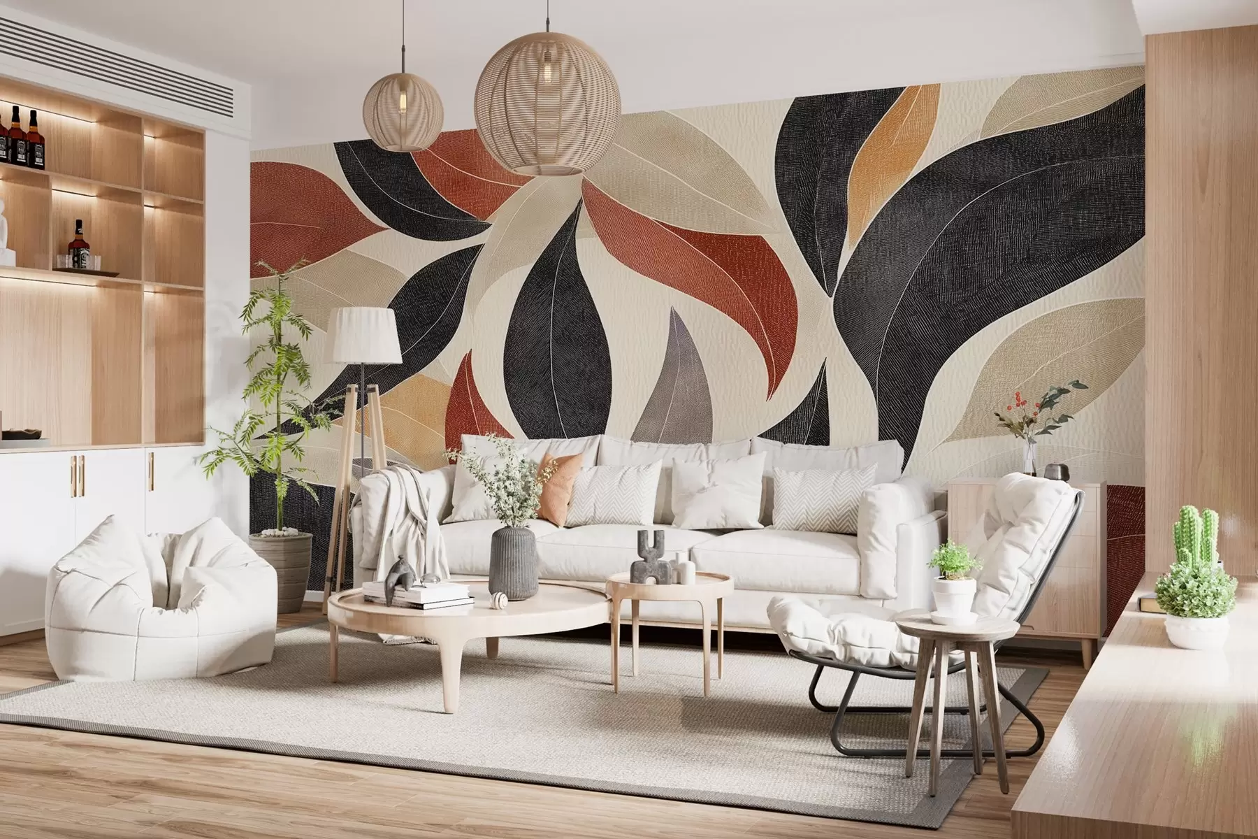 Fototapet abstraktní listy v paletě zemitých tónů - béžové, terakotové a tmavě šedé. w02452