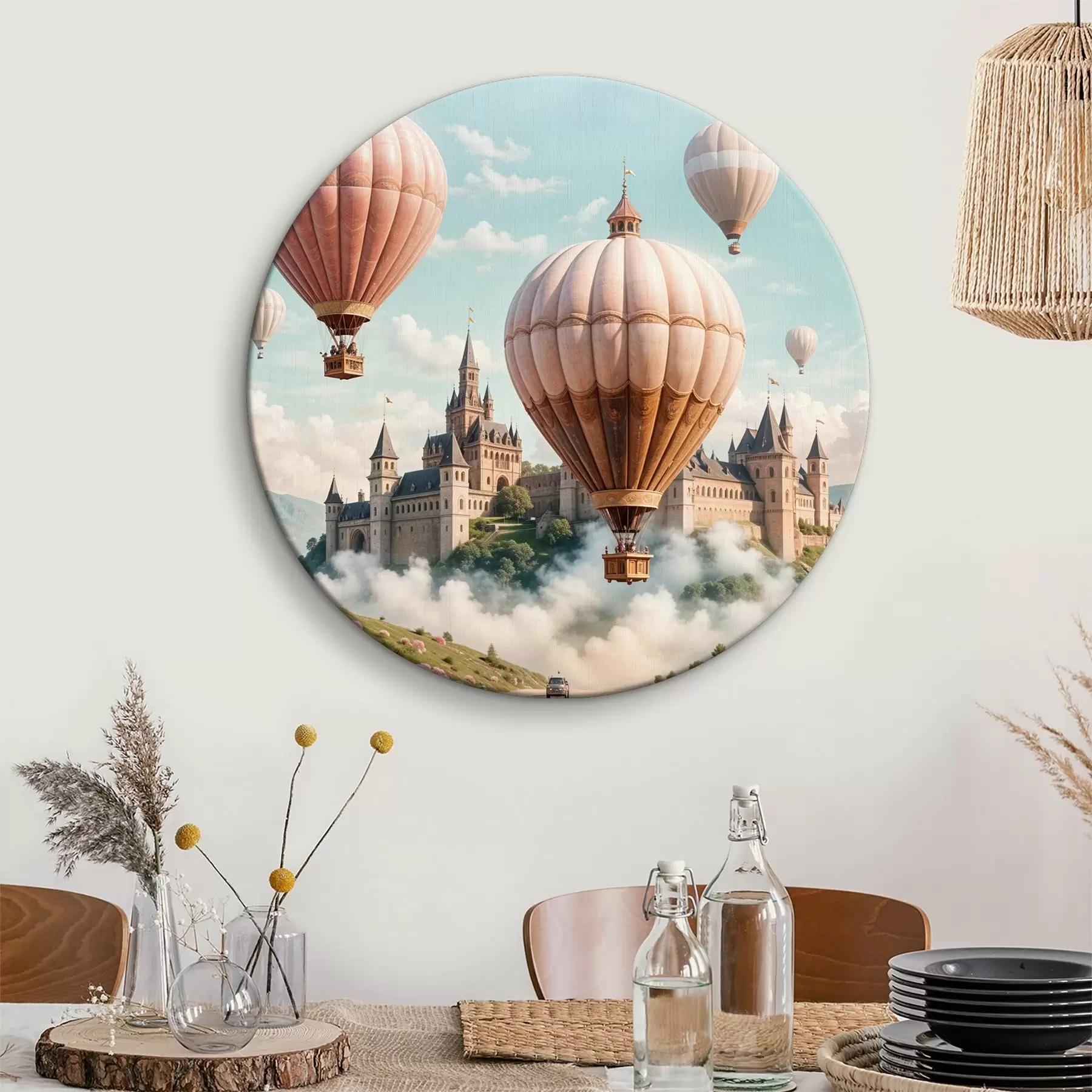 Obraz Fantasy hrad obklopený růžovými horkovzdušnými balóny plovoucími na zatažené obloze nad svěží zelenou krajinou Č. r39387