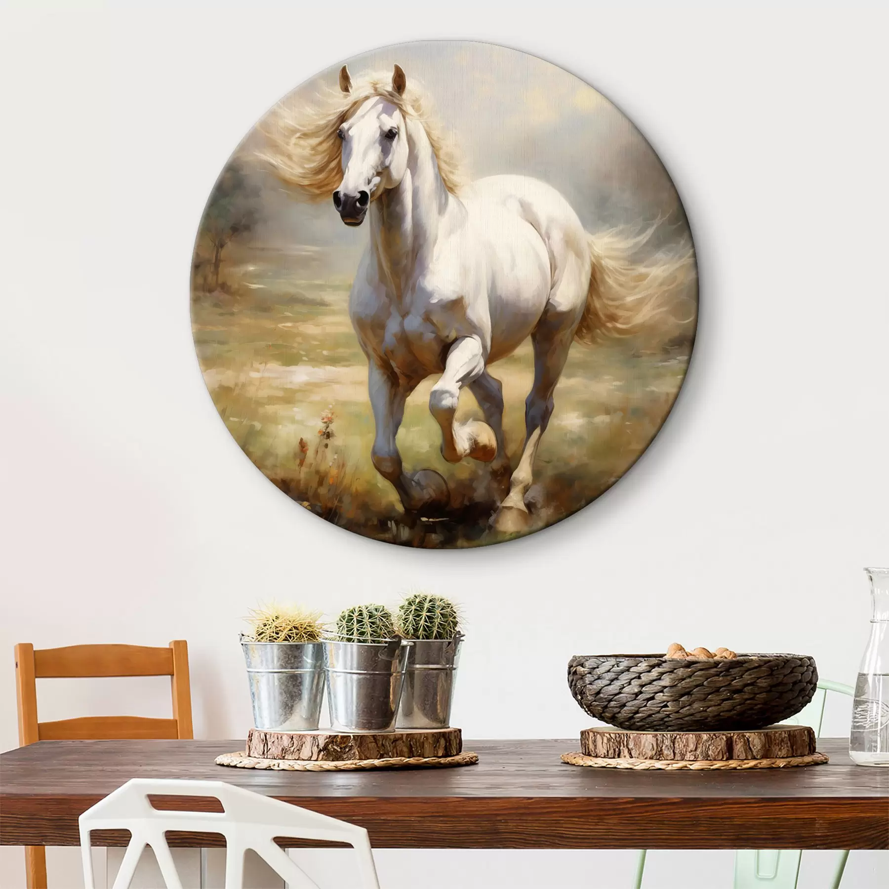 Obraz Bílý kůň cválající přes louku olejomalba Č. r39818