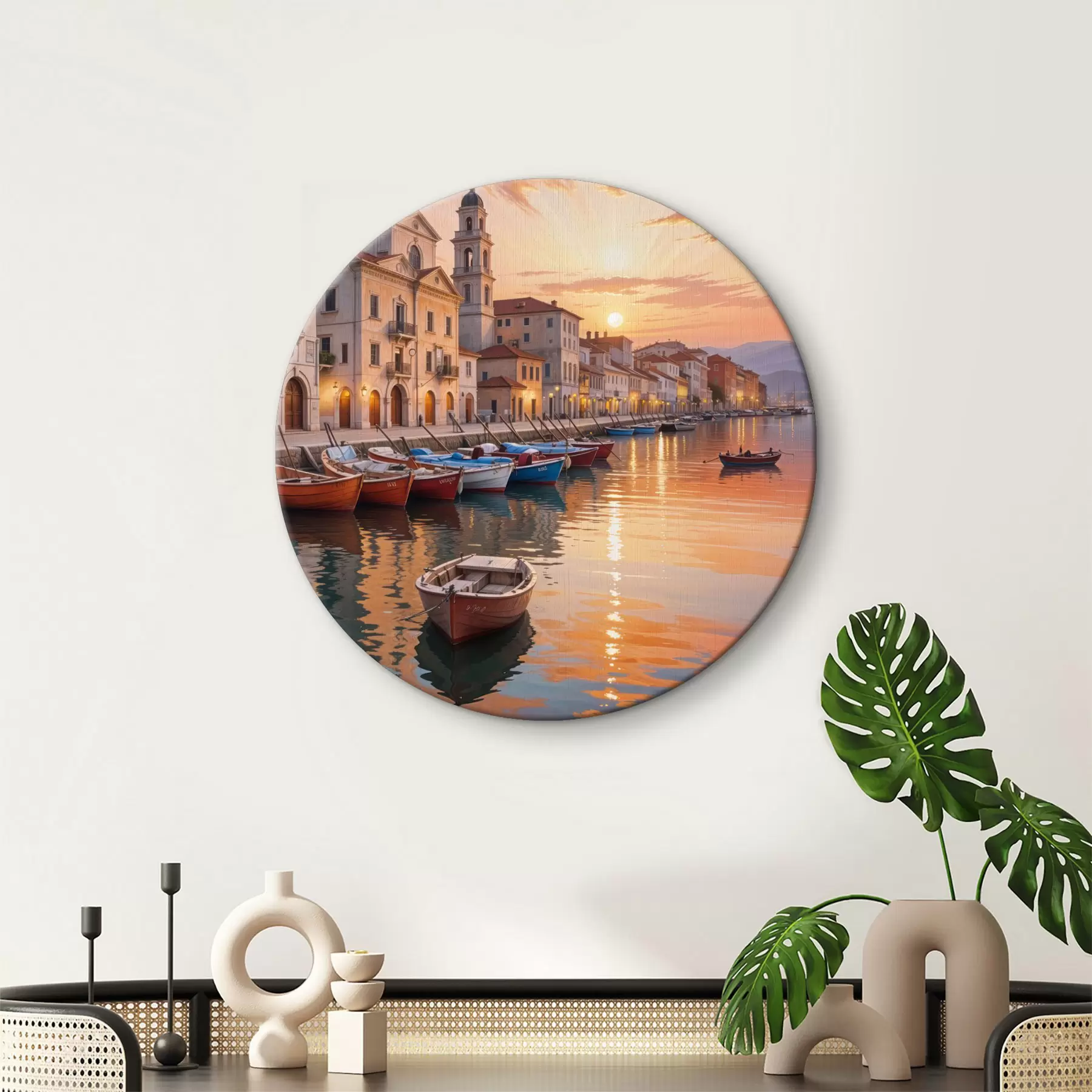 Obraz Italské pobřežní město při západu slunce s barevnými budovami lemujícími nábřeží a čluny plujícími v klidných vodách Č. r40150