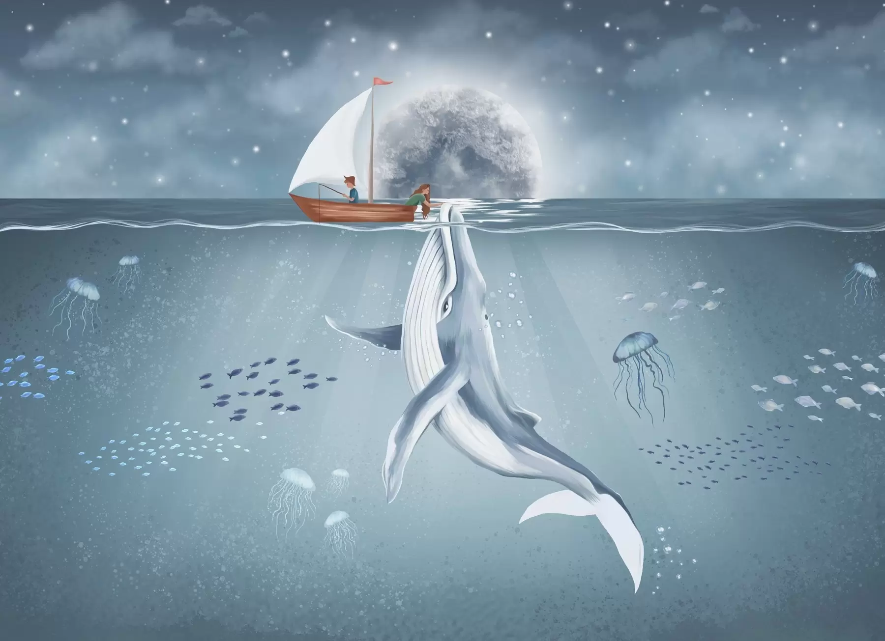 Fototapet Dětský design s velrybou, měsícem a lodí s dětmi w02476