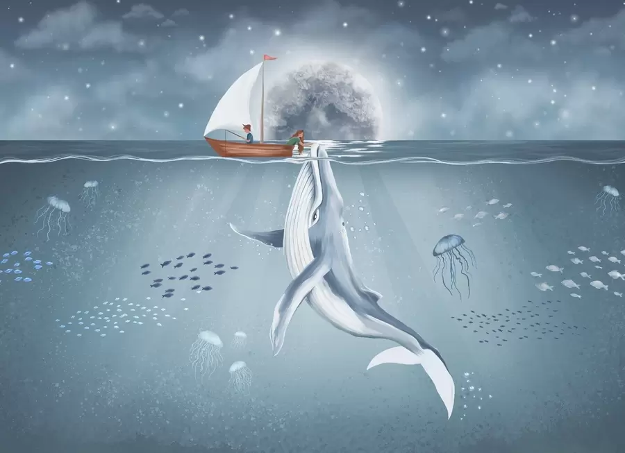 Fototapet Dětský design s velrybou, měsícem a lodí s dětmi w02476