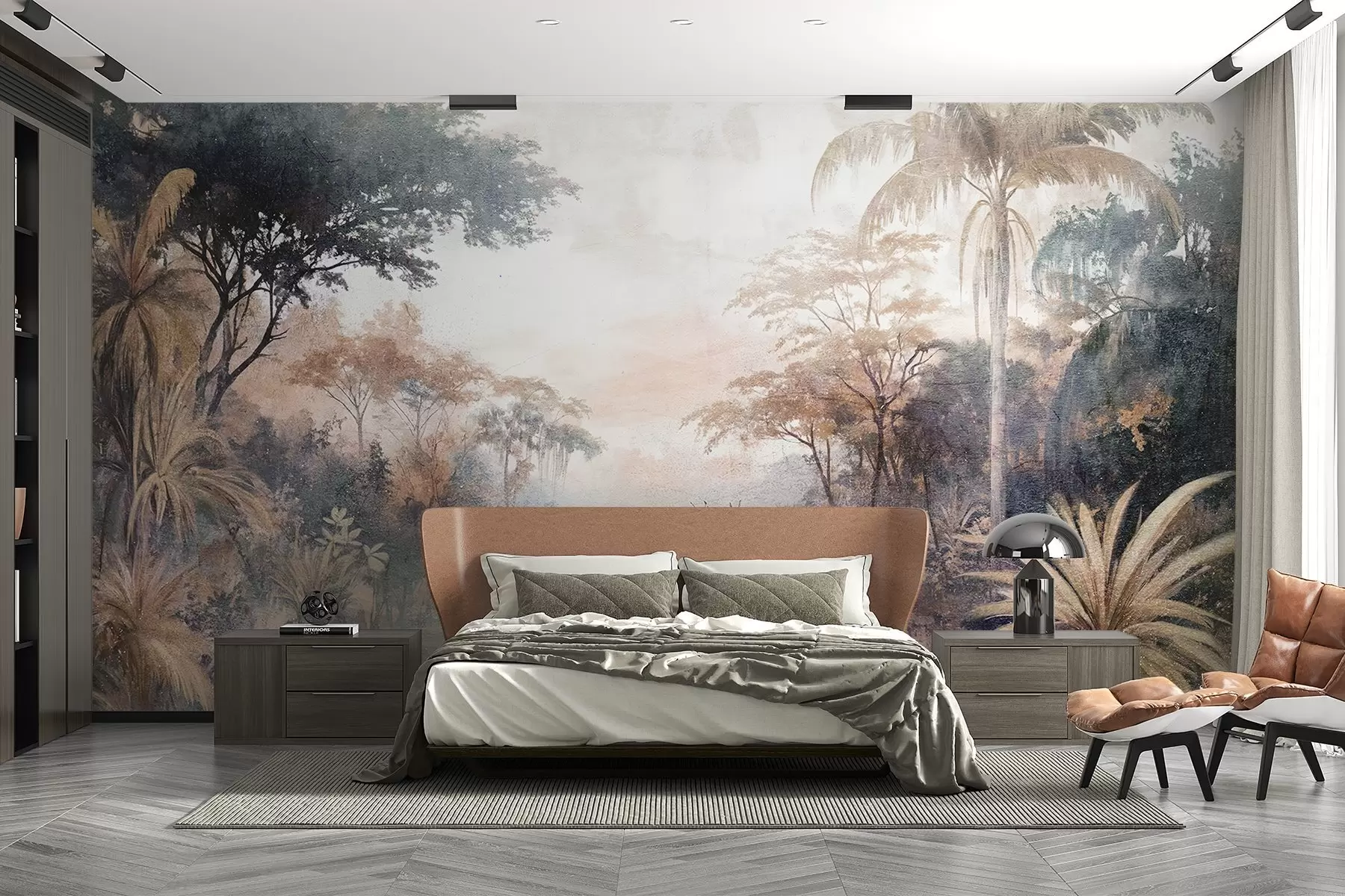 Fototapet Strukturovaná tropická krajina s klidnou řekou obklopenou svěžími palmami, keři a další zelení w08460