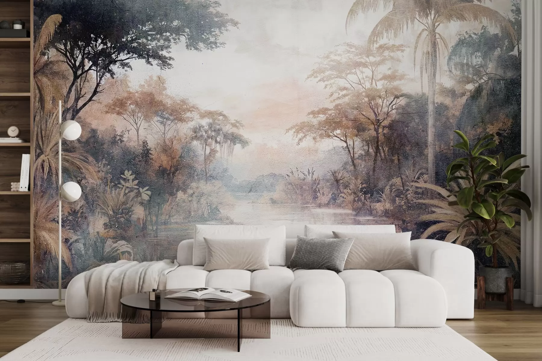 Fototapet Strukturovaná tropická krajina s klidnou řekou obklopenou svěžími palmami, keři a další zelení w08460