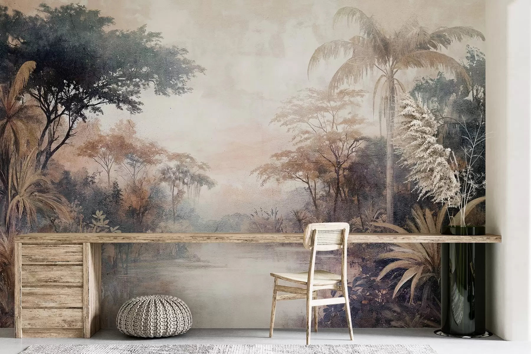 Fototapet Strukturovaná tropická krajina s klidnou řekou obklopenou svěžími palmami, keři a další zelení w08460