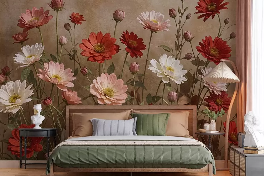 Fototapet Pole barevných květů podobných sedmikráskám v různých odstínech růžové , červené a bílé barvy na texturovaném pozadí w08462