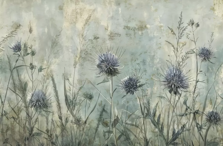 Fototapet Pole fialových květů bodláku s rozmazanými květy a listy na pozadí s vintage textury w08463