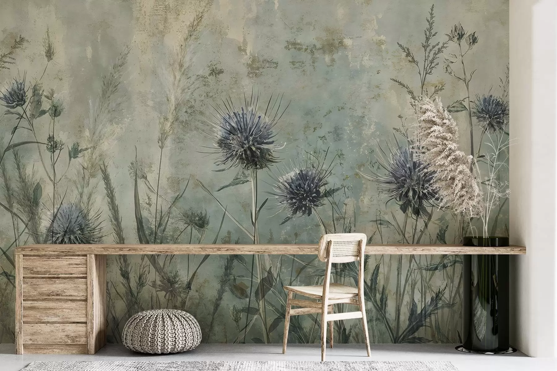 Fototapet Pole fialových květů bodláku s rozmazanými květy a listy na pozadí s vintage textury w08463