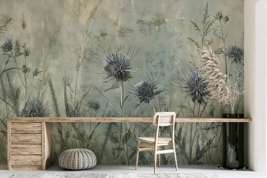 Fototapet Pole fialových květů bodláku s rozmazanými květy a listy na pozadí s vintage textury w08463