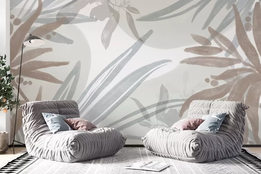 Fototapet Neutrálně laděný abstraktní květinový vzor s překrývajícími se listy a tvary v odstínech šedé , bílé a béžové w08464