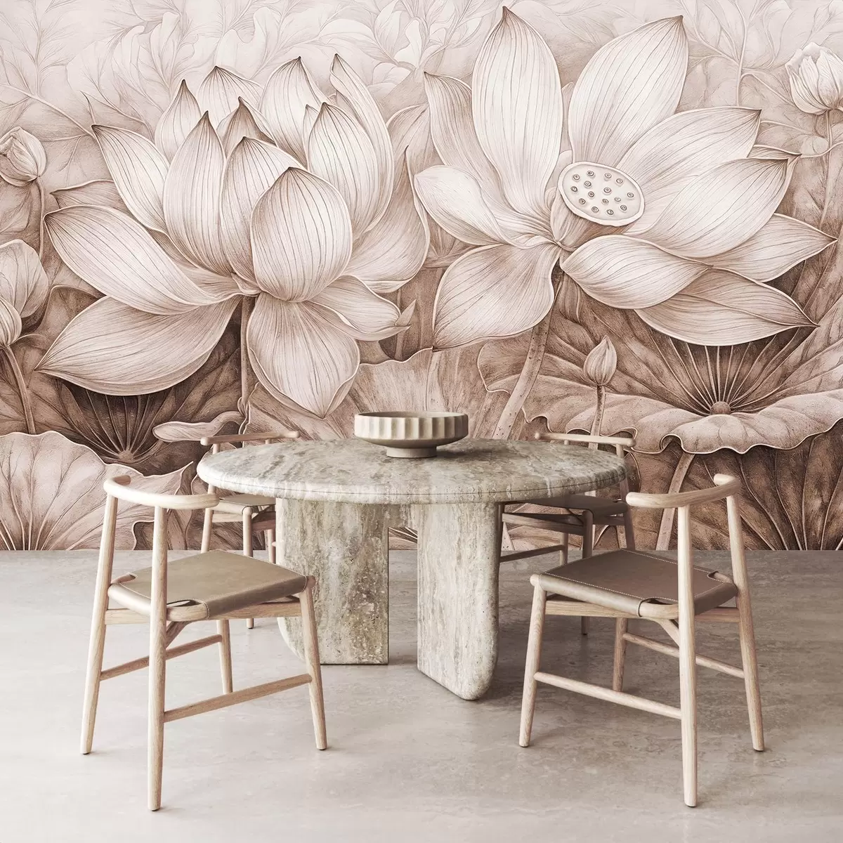 Fototapet Několik detailně strukturovaných velkých béžových lotosových květů s hnědými listy a stonky na světlém pozadí w08465v1