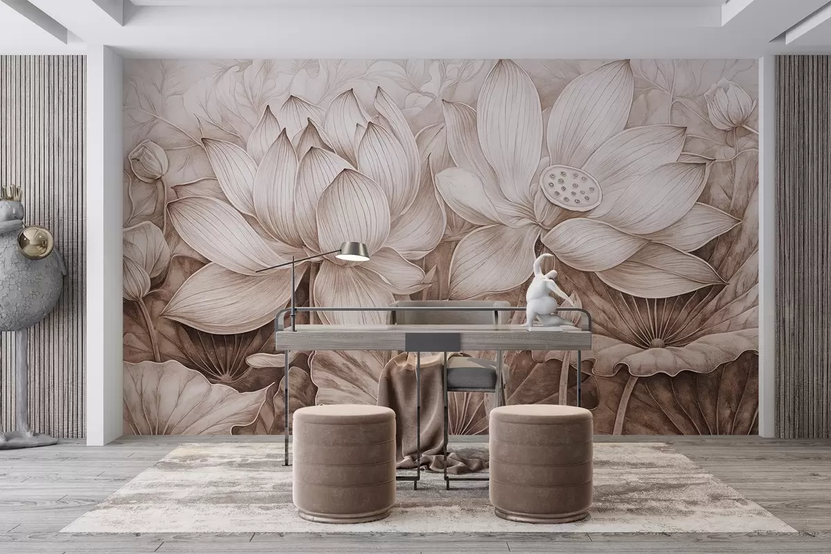 Fototapet Několik detailně strukturovaných velkých béžových lotosových květů s hnědými listy a stonky na světlém pozadí w08465v1