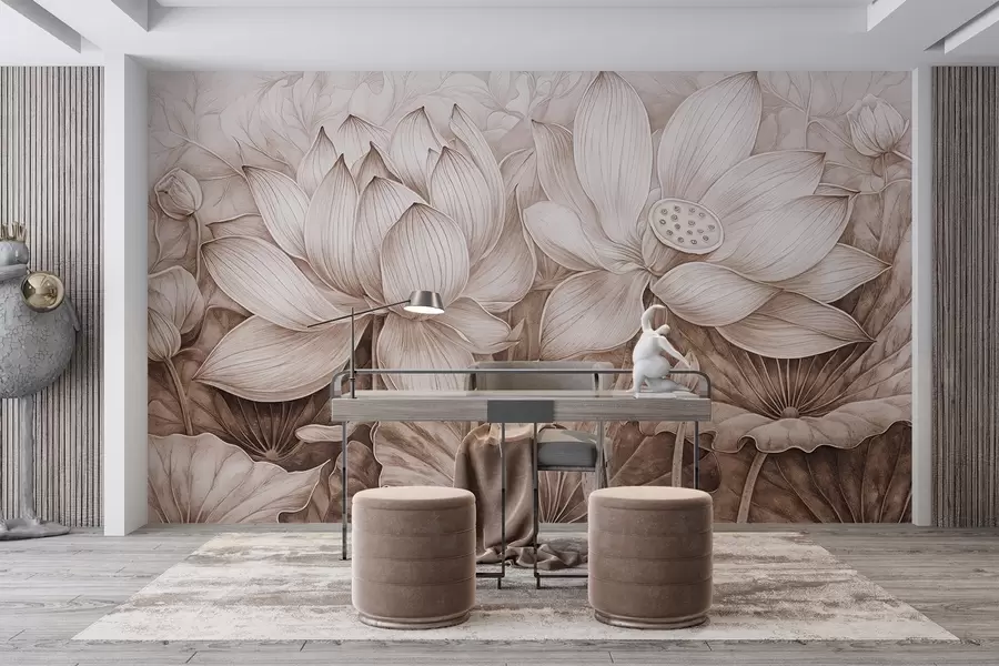 Fototapet Několik detailně strukturovaných velkých béžových lotosových květů s hnědými listy a stonky na světlém pozadí w08465v1