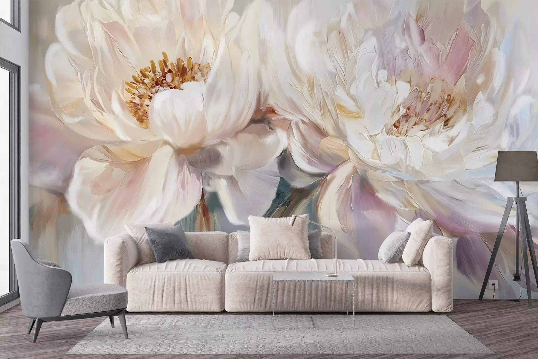 Fototapet Měkké, jemné bílé a pastelově růžové pivoňky se svěžími okvětními lístky na rozostřeném pozadí imitujícím malbu w08466