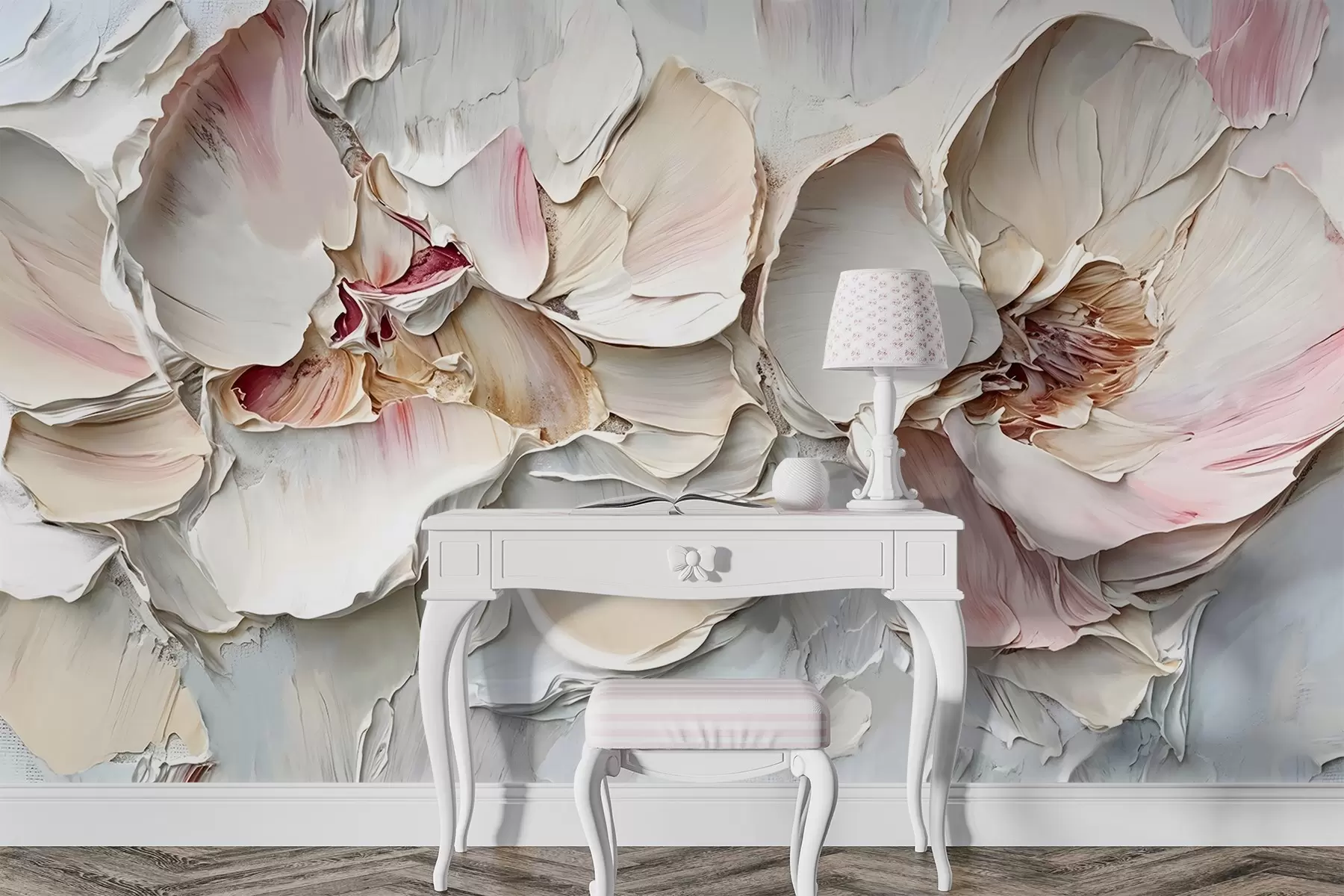 Fototapet Jemné, světle růžové květy s měkkými, vrstvenými okvětními lístky na tlumeném, texturovaném pozadí imitace olejomalby impasto w08467